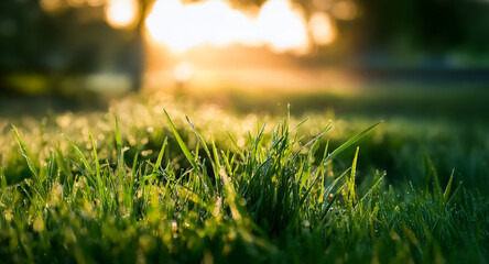 Dewy grass blades catch the gentle morning sunlight, creating a serene and refreshing natural scene with a soft, blurred background.