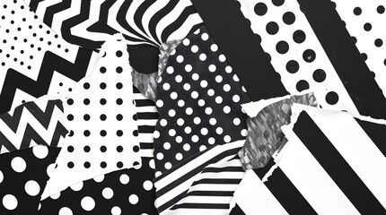 Fototapeta premium Black and White Abstract Geometric Collage with Polka Dots and Stripes