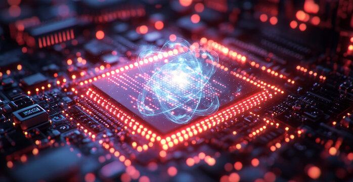 A vibrant quantum computing circuit showcases the interaction of qubits in superposition and entanglement. Advanced algorithms and neural networks optimize data processing in this intricate setup.