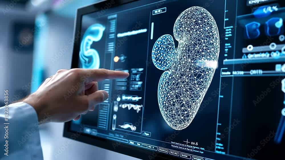 Poster digital nephrology lab setup, where a hand points at a d holographic kidney with glowing filtration 