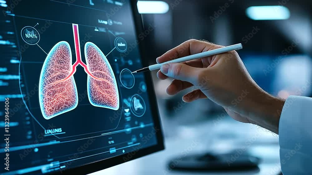 Poster close-up of futuristic kidney function screen, with a stylus in hand modifying renal analysis visual