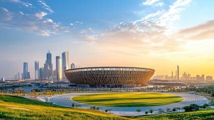 Lusail Iconic Stadium: A breathtaking panoramic view showcasing a magnificent stadium, set against a vibrant cityscape under a captivating sky.