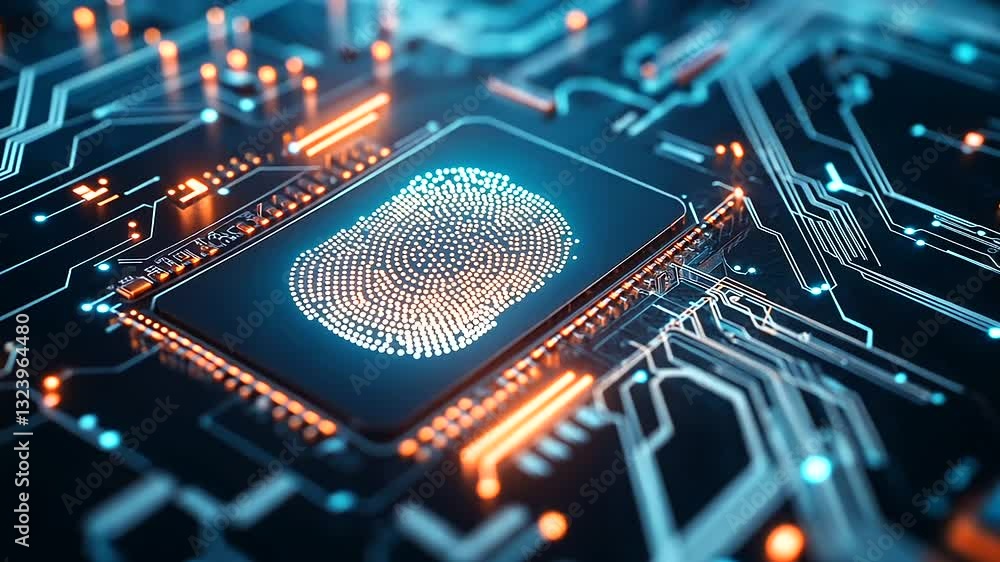 Poster close-up of a glowing digital fingerprint embedded in a blue tech circuit board. a biometric scanner