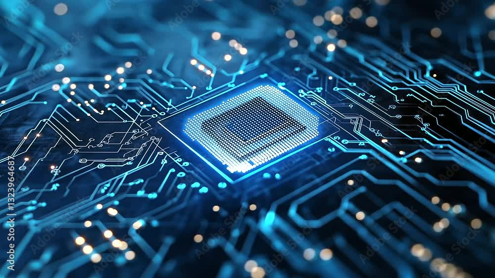 Poster close-up of a glowing digital fingerprint embedded in a blue tech circuit board. a biometric scanner