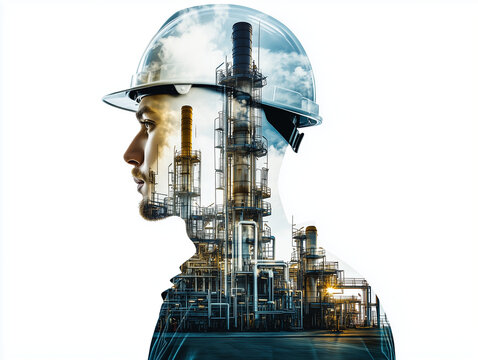 double exposure image of man wearing helmet, showcasing oil refinery in background. blend of human and industrial elements creates powerful visual representation of energy sector