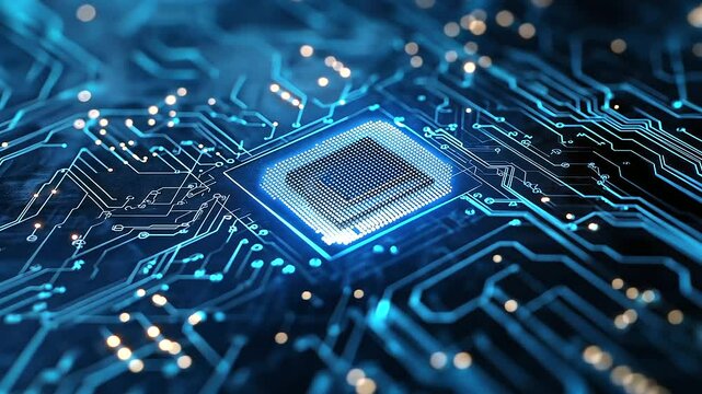 Close-up of a glowing digital fingerprint embedded in a blue tech circuit board. A biometric scanner reads the thumbprint, activating security access verification with holographic