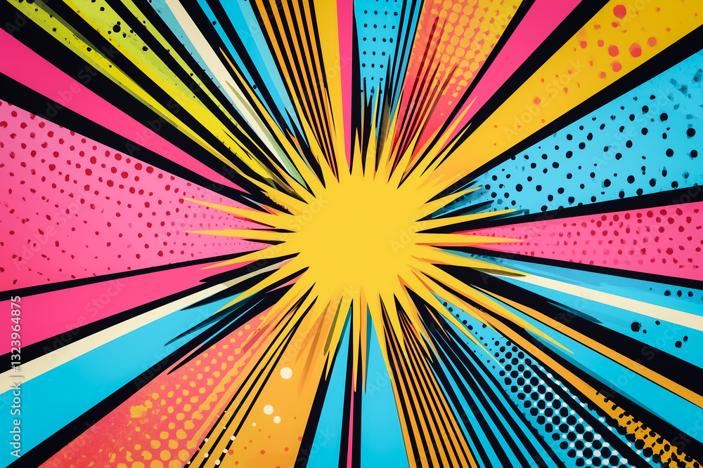 Poster dynamic explosion of vivid colors in pop art style with bold black lines and halftone patterns creat