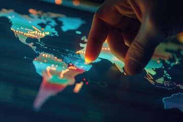 Interactive global map with data visualization.  A finger touches a highlighted region on a digital world map, displaying various data points, such as economic indicators, and highlighted countries