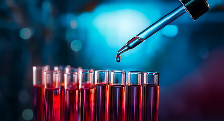 Pipette drips liquid into test tubes filled with red substance. Close up view of scientific experiment in laboratory setting with blue bokeh background.