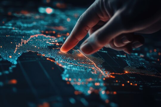 Interactive global data visualization.  A hand points to a highlighted region on a dynamic map, displaying data points and statistical trends.  Detailed analysis through visual representation