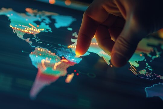 Interactive global map with data visualization.  A finger touches a highlighted region on a digital world map, displaying various data points, such as economic indicators, and highlighted countries