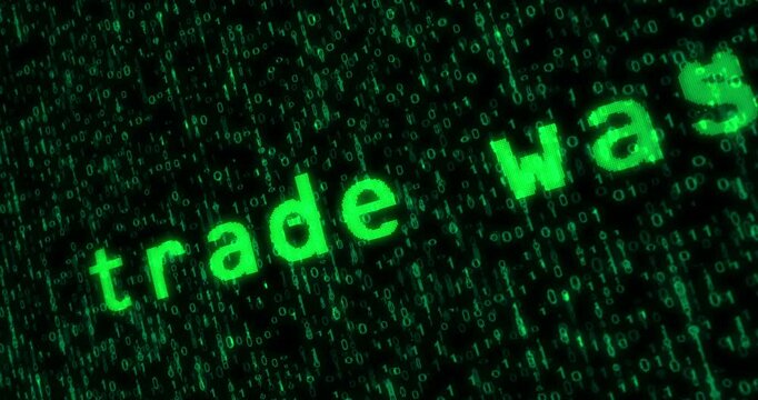 Trade war tariffs and protectionism text typing on display screen matrix style. Searching with retro monitor green pixel macro view.