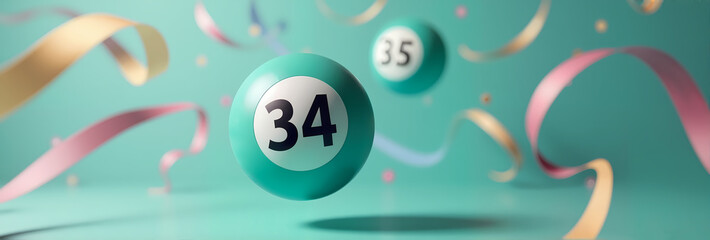 Fototapeta premium Floating turquoise lottery ball with number 34 among festive ribbons, symbolizing joy, celebration, and lucky winnings. Ideal for promotions, events, and gambling-related visuals.