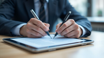 Business professional digitally signing a document on a tablet with a stylus, emphasizing electronic signature and online agreement.