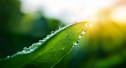 Fototapeta premium Green leaf tip with water droplets glistening in bright sunlight against a blurred natural background. Dew drops on foliage in a refreshing outdoor setting.