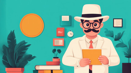 Nonplussed, Illustration of a man in a hat holding a book in a colorful room.