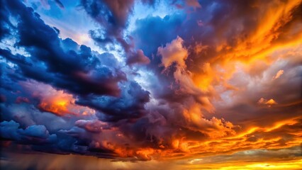 Fototapeta premium Dark stormy clouds with vibrant blue and purple hues against a bright orange sunset sky, sunset, dramatic, sunset