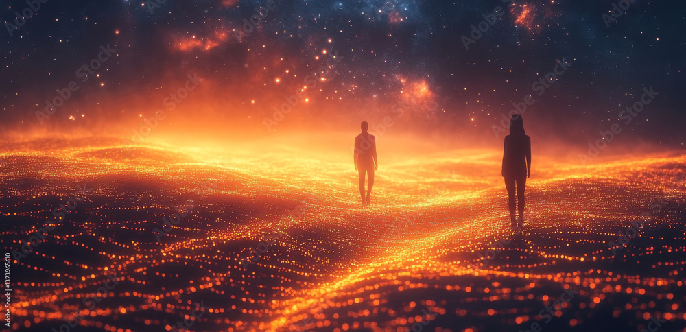 Poster two figures traverse a vibrant landscape representing quantum concepts like superposition and entang