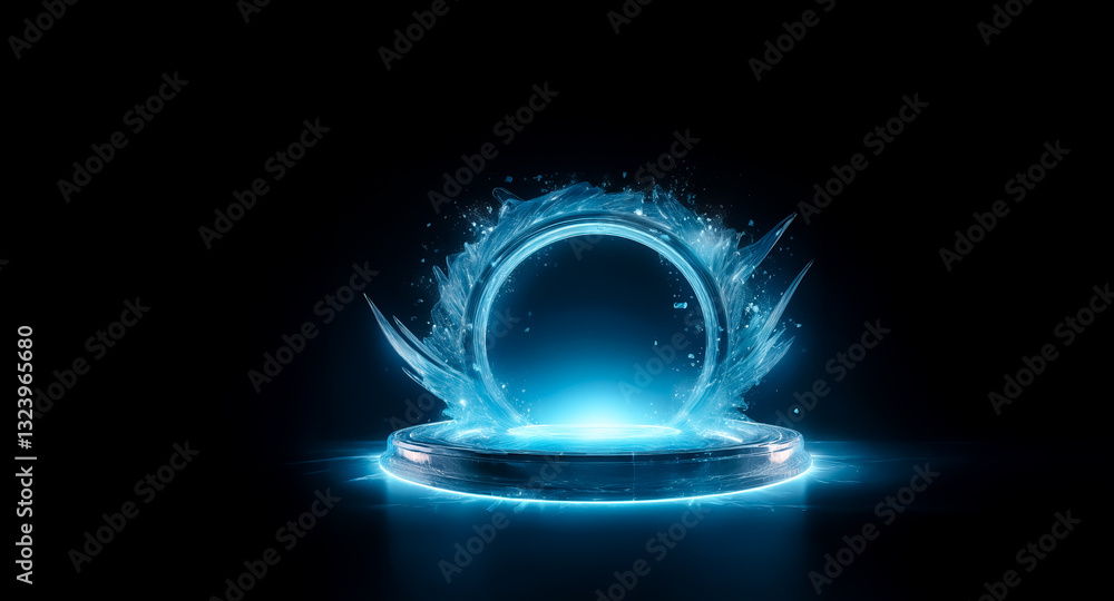 Poster a luminous blue circular portal emits energy, resting on a glowing pedestal against a dark backdrop,