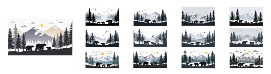 Silhouette of a bear family in a foggy pine forest Vector illustration. Silhouette of bears consisting of an adult and two cubs moving in unison.