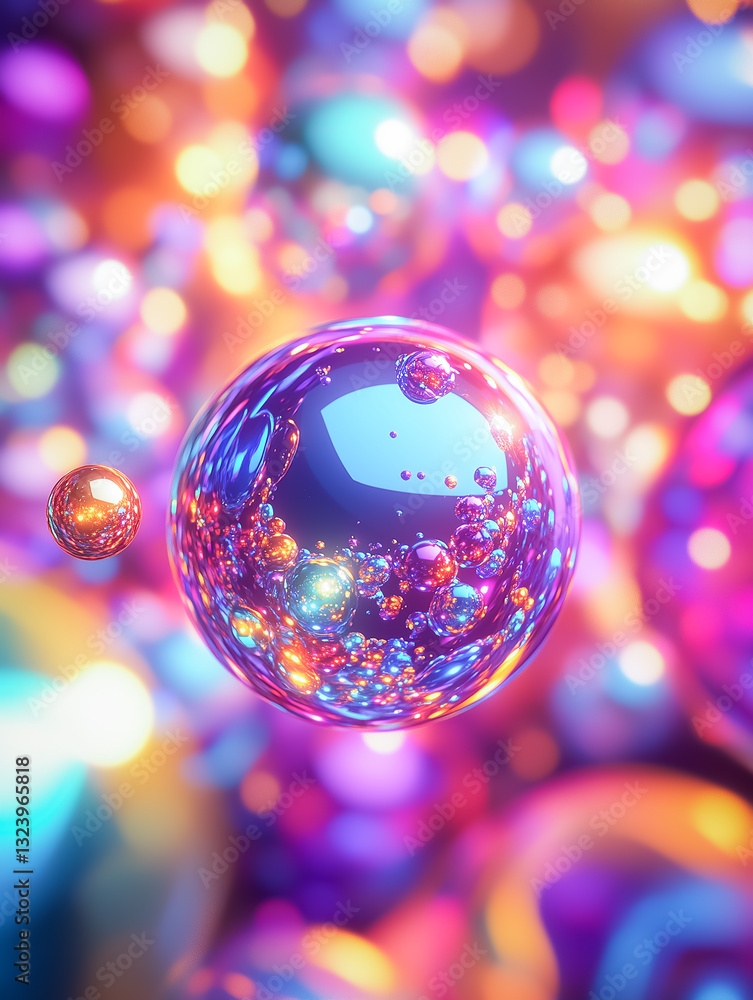 Poster an intricate 3d-rendered scene with floating bubbles and refracted light, set in a neon-inspired dig