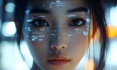 a woman with digital glasses and a futuristic display overlay.