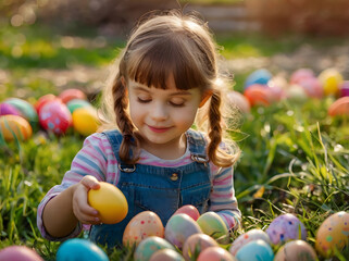 Excited child searching for colorful Easter eggs in a sunny spring garden during a traditional Easter egg hunt with a festive basket.