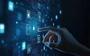 Interactive digital security interface.  A hand interacts with a visual representation of a complex security system.  Data streams and secure lock icons are highlighted