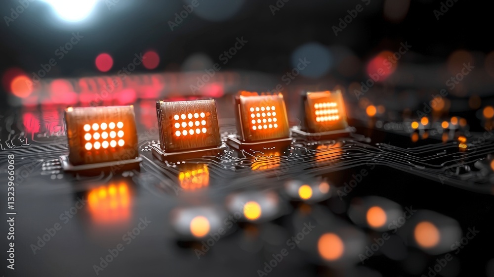 Poster abstract close-up of a circuit board with glowing led lights in a dark environment for technology ba