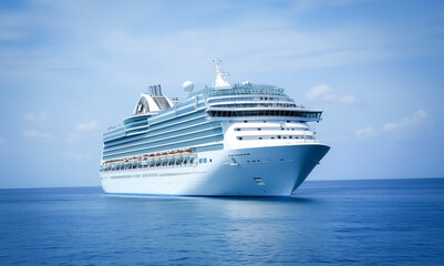 A luxurious white cruise ship sails through the calm blue ocean under a clear sky. The ship features multiple decks, glass windows, and lifeboats on the side, exuding an atmosphere of leisure