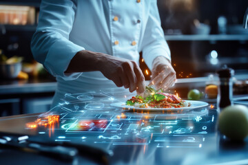 Futuristic Chef Using Holographic Interface for Gourmet Dish Preparation