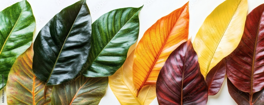 Aufkleber colorful array of large leaves arranged on a white background