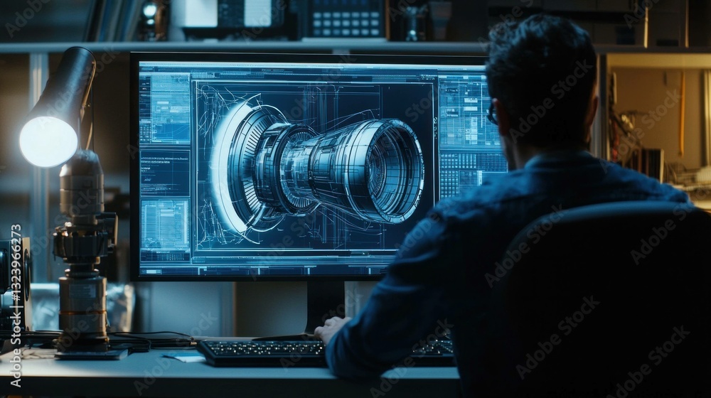 Poster a focused male engineer analyzing advanced mechanical designs on a computer screen in a modern works