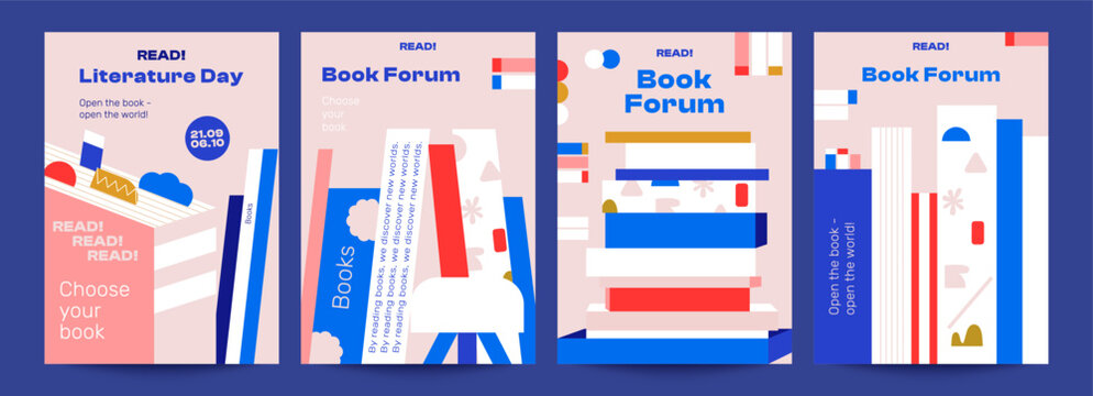 4 universal posters for the Book Festival. Bookmarks, notes, and lots and lots of books. Bright design, ideal for literary events, as a poster for a forum, book club, and much more