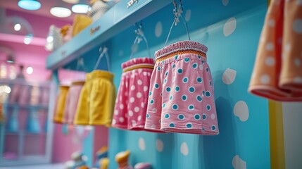 A vibrant display of pink cotton shorts, adorned with playful polka dots, hung proudly on a backdrop of vibrant blue and pink, creating a whimsical and inviting scene for young children.