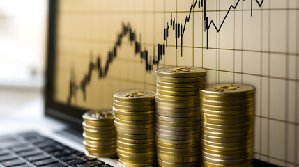 A business concept featuring stacked gold coins in tiered heightห resembling an economic graph with finance savings and cryptocurrency placed on table near keyboard