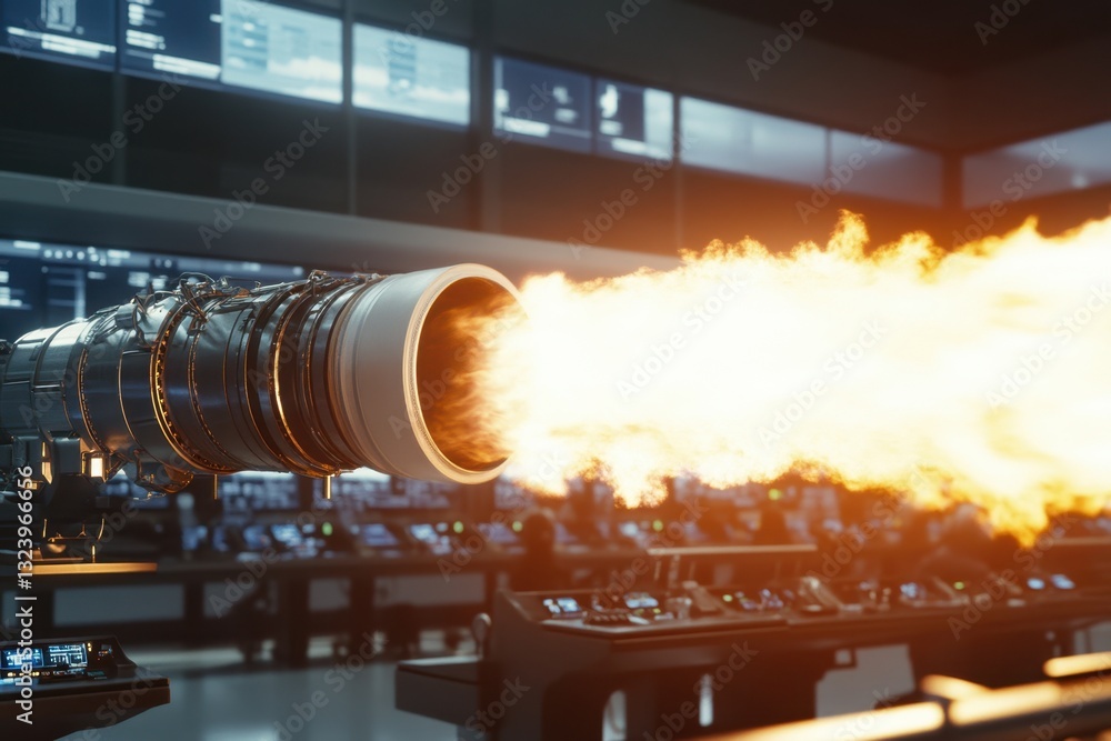Aufkleber jet engine in testing facility emits flames with advanced monitoring controls in the background