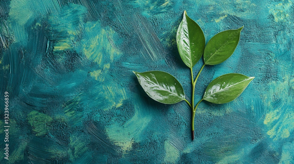 Poster green leaves resting on vibrant teal textured background with copy space