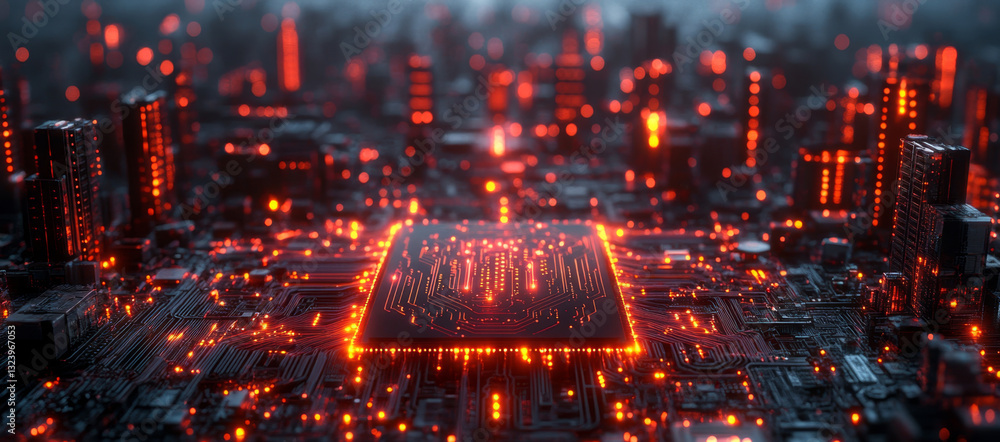 Aufkleber a stunning view of a futuristic city illuminated by glowing circuits. the central processor hints at