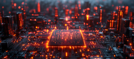 A stunning view of a futuristic city illuminated by glowing circuits. The central processor hints at quantum computing with optical effects, showcasing the interplay of technology and urban life.