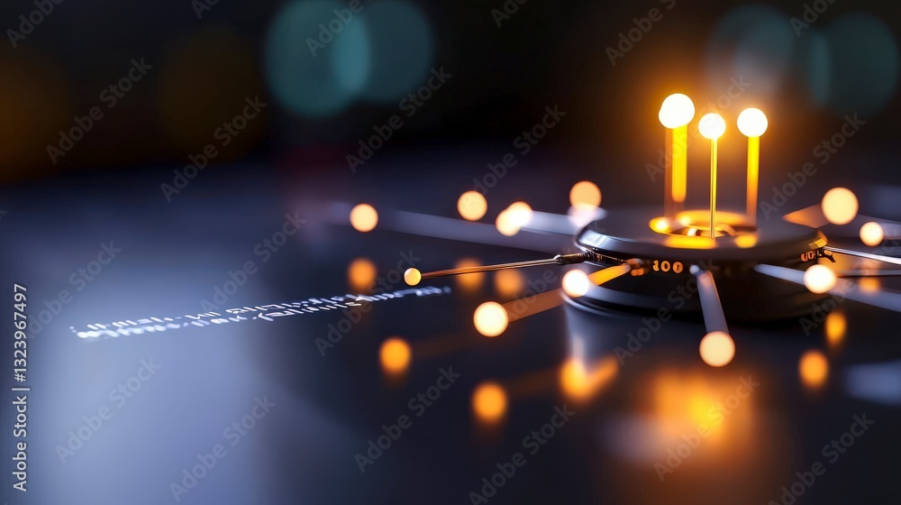 Poster illuminated abstract circles on dark surface with glowing elements and light rays in a modern futuri