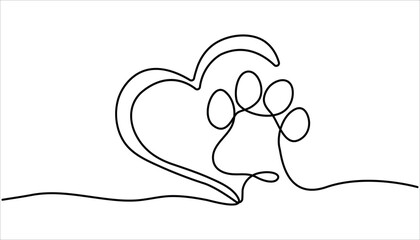 Dog Paw Continuous One line Drawing Illustration. Paw Prints Outline. One line drawing illustration of dog or cat mark footprint.
