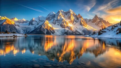 Early morning sun rising above the snow-capped peak of Mont Blanc, casting a golden glow on the lake's calm waters and reflecting off the icy surface , winter, chamonix