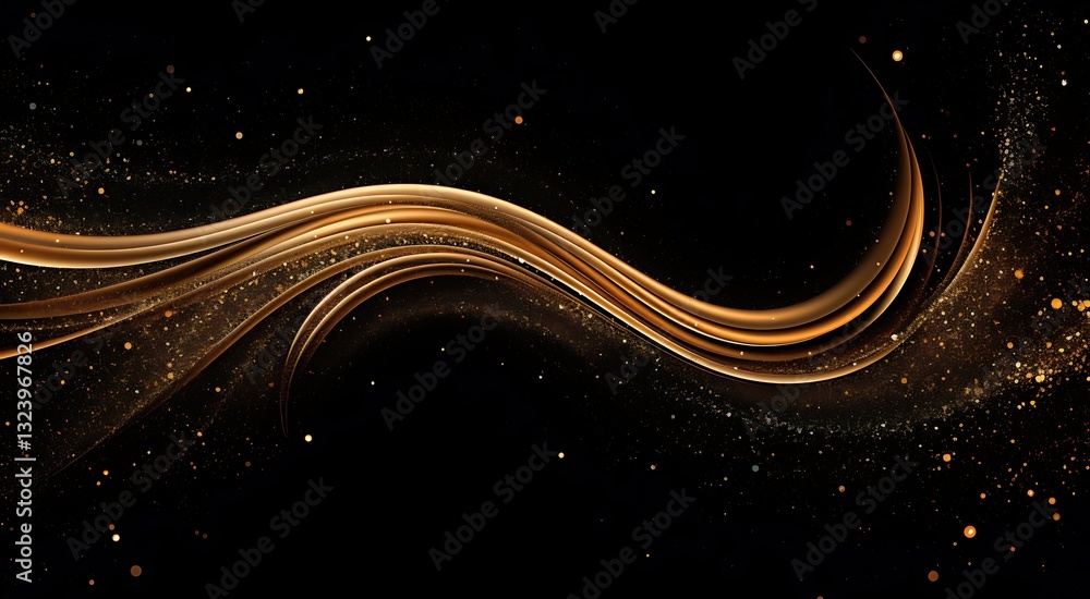 Poster golden flowing curves with a translucent effect, softly glowing against deep black background, scatt