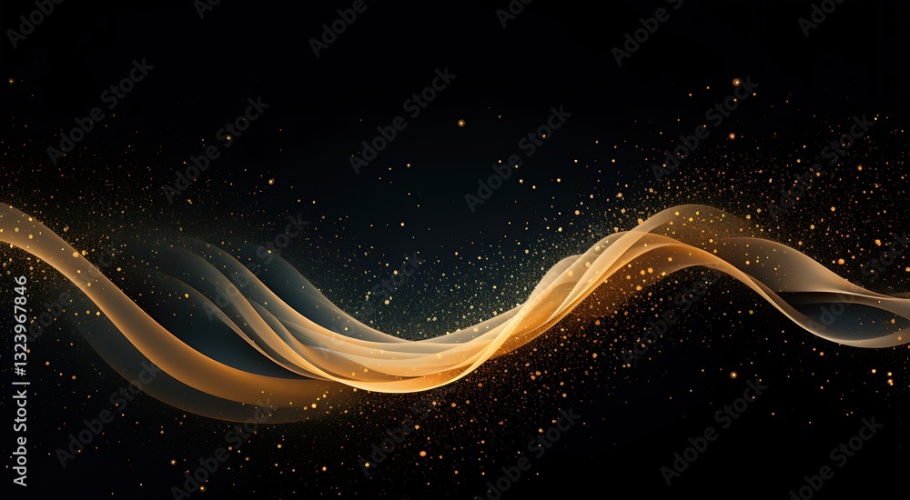 Poster fluid golden silk ribbons twisting gracefully in black void, illuminated by soft shimmering light, d