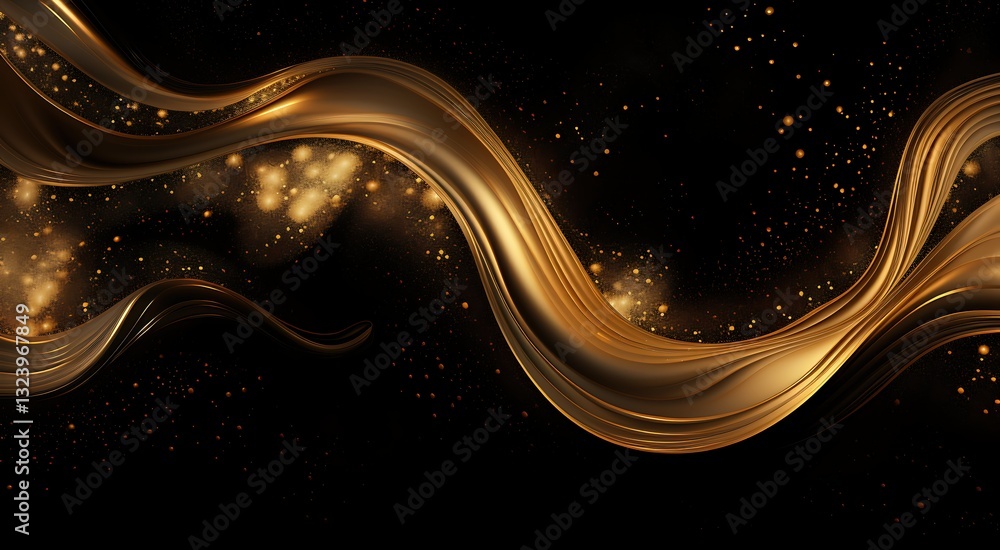 Poster golden flowing curves with a translucent effect, softly glowing against deep black background, scatt