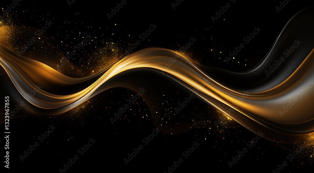 Poster golden flowing curves with a translucent effect, softly glowing against deep black background, scatt