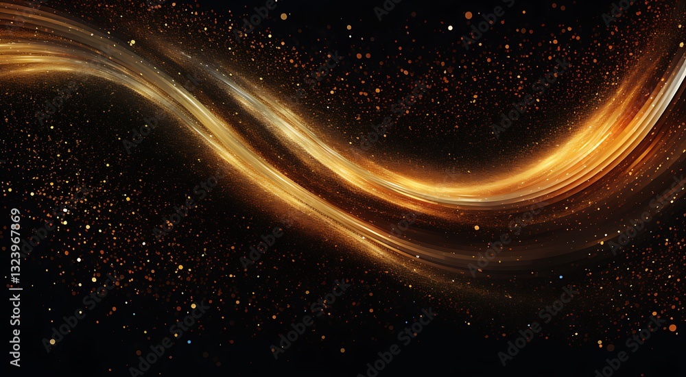 Poster fluid golden silk ribbons twisting gracefully in black void, illuminated by soft shimmering light, d