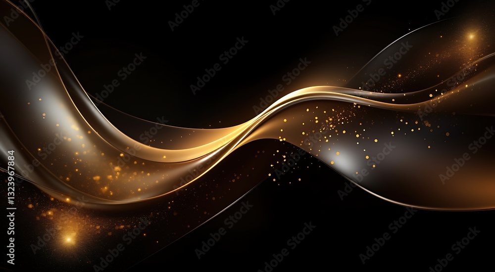 Poster fluid golden silk ribbons twisting gracefully in black void, illuminated by soft shimmering light, d