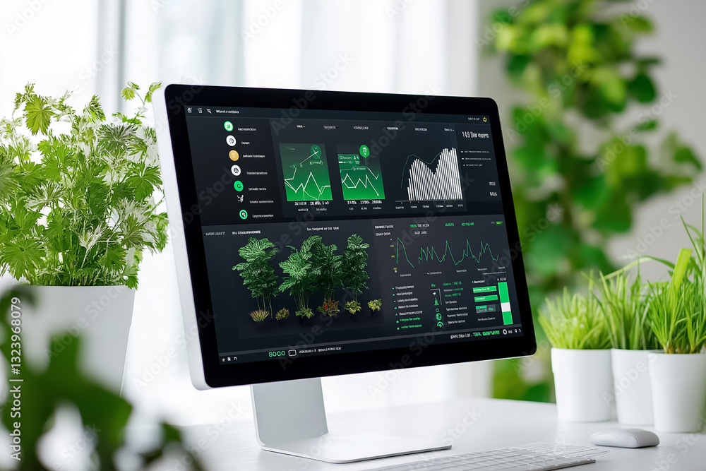 Poster a sleek digital interface displays vibrant data visualizations in a bright office. lush plants surro